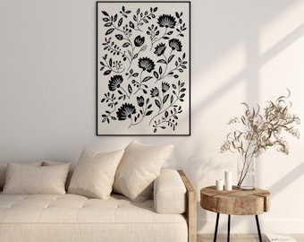 Floral Scandi Canvas Wall Art Print, Nordic - Folk Art Print, Bedroom Living Room Home Decor, Scandinavian Gift