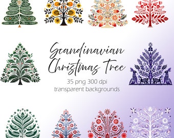 Scandinavian Folk Art Christmas Tree Clipart, Nordic Prints, Winter Holiday Decor, 35 PNG Instant Download