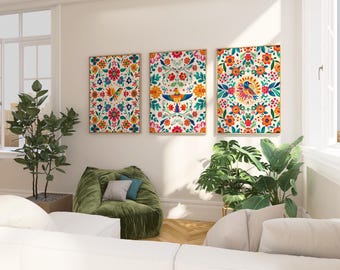 Mexican Folk Art Bird Print Set of 3 - Colorful Floral Wall Decor, Boho Art Prints, Vibrant Bird Illustration, Fiesta Home Decor