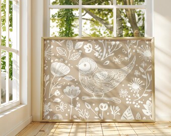 Scandinavian Folk Art Bird Canvas Wall Art Print, Light Brown Abstract Floral Bird, Nordic Art, Home Living Room Decor