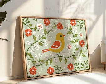 Scandinavian Folk Art Wall Art: Colorful Bird and Floral Botanical Print for Home Decor