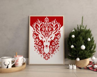 Scandinavian Folk Art Christmas Deer Canvas Wall Art, Nordic Prints, Bedroom Living Room Home Decor - Deer Art Print