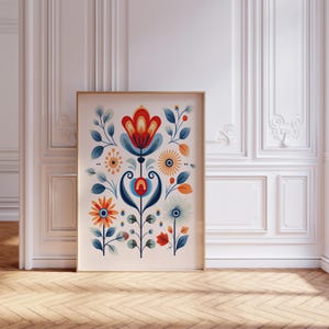 Scandinavian Folk Art Flower Canvas Wall Art Print, Nordic Prints, Bedroom Living Room Home Decor, Norwegian Flower Art