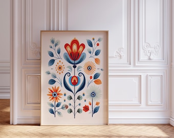 Scandinavian Folk Art Flower Canvas Wall Art Print, Nordic Prints, Bedroom Living Room Home Decor, Norwegian Flower Art