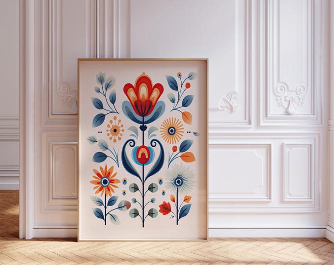 Featured listing image: Scandinavian Folk Art Flower Canvas Wall Art Print, Nordic Prints, Bedroom Living Room Home Decor, Norwegian Flower Art