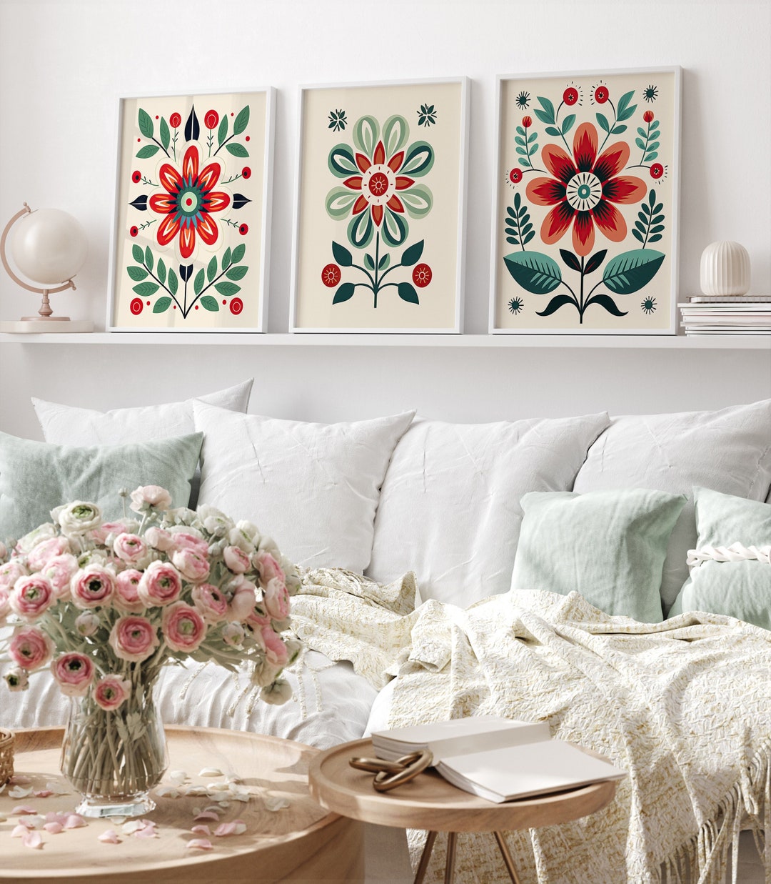 Scandinavian Folk Art Flower Wall Art Set of 3, Nordic Prints, Bedroom ...