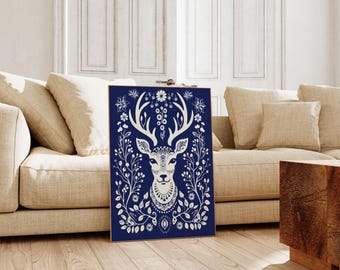 Scandinavian Folk Art Floral Deer Canvas Wall Art Print, Nordic Prints, Bedroom Living Room Home Decor, Navy Blue Wall Decor