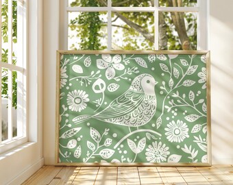 Scandinavian Folk Art Bird Canvas Wall Art Print, Green Abstract Floral Bird, Nordic Art, Home Living Room Decor