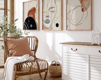 Minimalist Abstract Line Art Print Set of 3 - Modern Boho Wall Art, Neutral Face & Geometric Aesthetic Home Decor for Living Room or Bedroom
