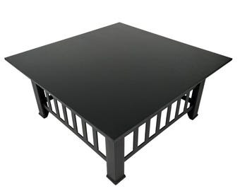 May include: Black square coffee table with a slatted base and a smooth, flat top.