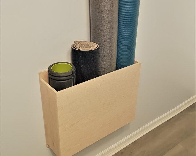 Wall Mounted Yoga Mat Holder: Natural Wood Finish, Home Gym Storage