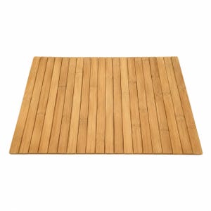May include: A rectangular mat constructed from numerous thin, parallel strips of light brown bamboo wood. The strips are arranged vertically, showcasing the natural grain, nodes, and varied tan and golden tones of the bamboo material.