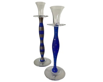Pair of “Celeste” Glass Candlesticks, Anne Nilsson for Orrefors. 1990’s, Signed. Blue and silver colour way.