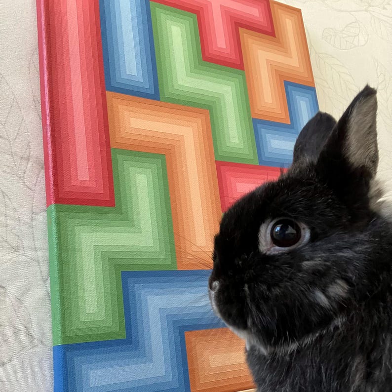 May include: A colorful abstract painting with a geometric design in shades of red, orange, green, and blue. A black rabbit is in the foreground, with its eye and ear visible. The artwork is mounted on a wall.