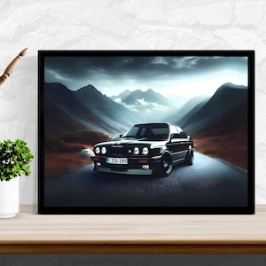 BMW E30 Framed Poster – Classic Black E30 Wall Art Print, 80s Retro Car Decor, German Sports Car Gift for Him, Automotive Framed Artwork