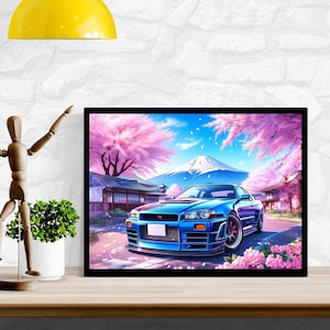 Nissan Skyline R34 GT-R Poster – Framed Glossy Bayside Blue JDM Wall Art, Iconic Japanese Sports Car Print, Gift for Car Enthusiasts