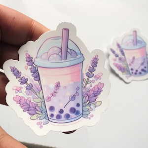Adesivo de chá de Boba com lavanda – Adesivo de vinil para chá de bolhas em tons pastel, adesivo de bebida roxo kawaii, adesivo à prova d'água para diário e laptop, presente fofo de Boba