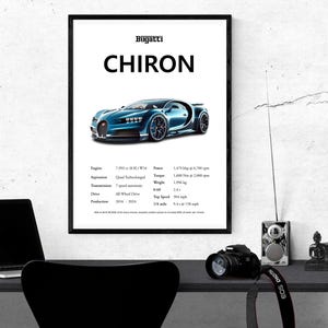 Bugatti Chiron Framed Poster – Glossy Blue Supercar Wall Art with Specs, Hypercar Print Gift for Car Enthusiasts, Office or Garage Decor
