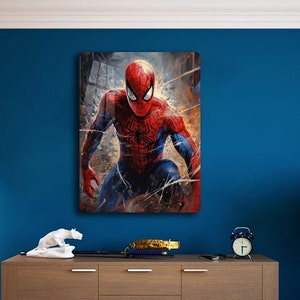 May include: A blue wall with a bookshelf on each side, a brown dresser with five drawers, a floor lamp, a small toy car, and a framed painting of Spiderman in a red and blue suit.
