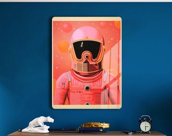 Stampa su metallo con astronauta rosa in stile retrò: arte spaziale vintage