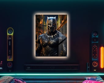 May include: A black panther character stands in a dark, urban setting. The character is wearing a black suit and mask. The image is framed and hanging on a wall in a living room with a couch, coffee table, and plants.