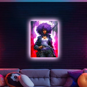 Impresión metálica de mujer ciberpunk: Arte de neón para sala de juegos