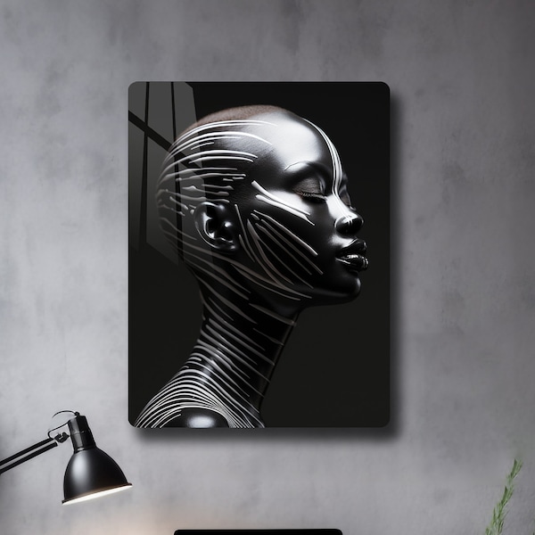 Robotic Woman Metal Canvas, Hyper-realistic Sci-fi Wall Decor, Dark Silver Home Decor, Metallic Woman Wall Hanging, Futuristic Home Decor