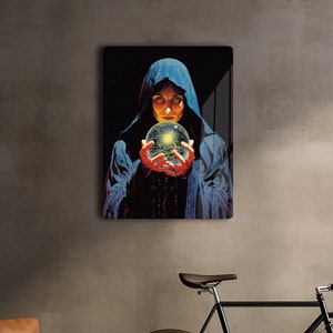 Stampa di cartomanzia su metallo, arte murale in metallo con fumetti di streghe gotiche, arredamento per la casa di magia, poster in metallo stampato con fata donna, stregoneria