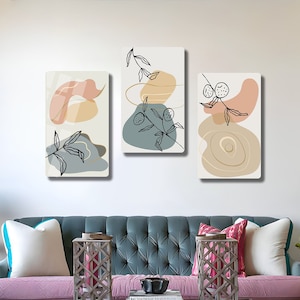 3er-Set Abstrakte Boho-Wanddekoration, Wand-Metall-Fotodruck-Set, natürliche Wanddekoration, weiche grüne Kunst, benutzerdefinierte LED-Optionen, Wohnkultur, Line Art