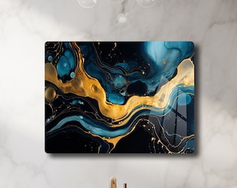 Cuadro decorativo de metal con efecto mármol turquesa, olas doradas, impresión abstracta.