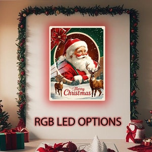 Santa Claus Print on Metal Wall Art, RGB LED Lighted Art, Reindeer Noel Decor, Vintage Christmas Art Print, Christmas Wall Art, Home Decor