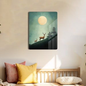 May include: A digital art print featuring a stylized illustration of two deer standing on a hill under a full moon. The background is a gradient of blue and green.