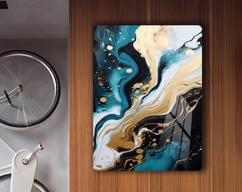 Decoración de pared de mármol turquesa, arte abstracto impreso en metal, arte mural grande, arte de galería, decoración dorada de lujo para el hogar, efecto líquido, decoración LED RGB