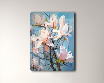Magnolien Metallbild: Blumenbild für die Wand mit optionaler LED