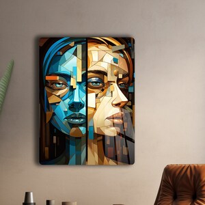 Decoración de pared con retrato femenino futurista, arte de pared de metal Vitrail, adornos de pared de mujer, pintura futurista inspirada en mosaicos, cubista y geométrica