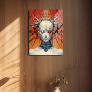 Futuristic Woman Ethnic Cyborg Metal Photo Print, Futuristic Painting Wall Decor, Half Robot Half Human, Sci-Fi Art, Female Decor, Femme Art