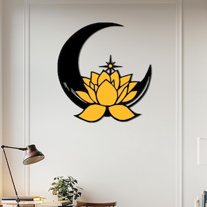 3D Lotus in Moon Wood Wall Art, Wall Decor for Living Room, Lotus Flowers Art, Home Decor, Gold Large Wall Art, Mothers Day, Spiritual Decor