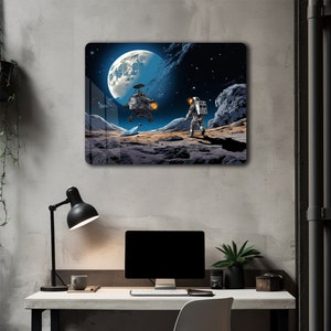 Impresión de metal sobre el espacio y los astronautas, dibujos animados sobre el espacio, arte de pared lunar, impresión para guardería, póster de Apolo, decoración de habitación de adolescentes, decoración de habitación de niños