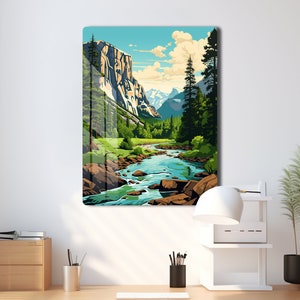 Impresión fotográfica metálica de Cartoon Valley, arte mural con paisaje montañoso en pixel art, pueblos de anime, ilustración de bosque soleado, decoración del hogar