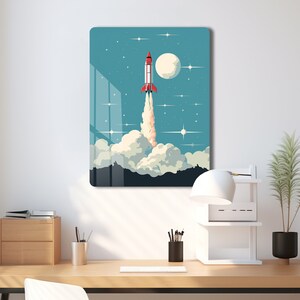 Rocket Space Painting Metal Print, Ready to Hang, Rocket Wall Decor, Space Caricature Art, Kid's Room Decor, Astronaut Nursery Wall Art