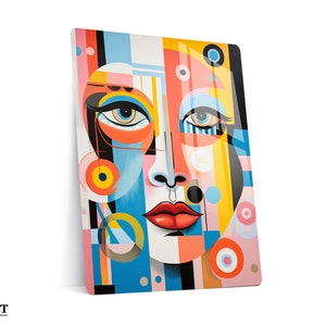 Geometric Face Printed Metal Canvas, Colorful Abstract Figures Wall Art, Colorful Bauhaus Poster, Printed Metal Wall Decoration, Woman Face