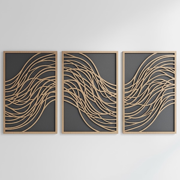 Abstract Waves Wood Wall Art, Mid-Century Modern Decor, Set of 3