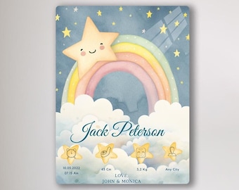 May include: A baby boy's nursery print with a rainbow, a star, and clouds. The print includes the baby's name, Jack Peterson, birth date, 10.03.2022, time, 07:13 AM, weight, 3.2 kg, length, 48 cm, and the parents' names, John & Monica.