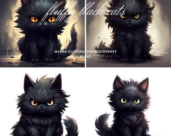 PNG Set of 4 Manga Black Fluffy Cats | High Quality | Commercial and Private Use | Digital Download | AI Prints