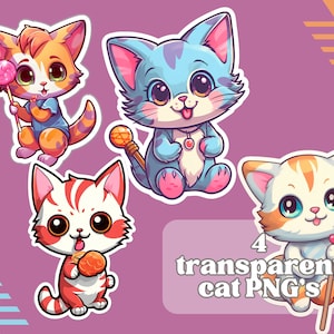 May include: Four cartoon cat stickers with different colors and patterns. Each cat is holding a different object, such as a lollipop, a wand, a piece of food, and a stick. The stickers are on a pink background with a striped pattern.