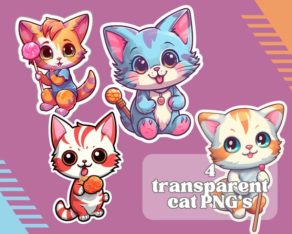 Clipart TRANSPARENT PNG 4er Set Kawaii Katzen Drucke | Hohe Qualität | Kommerzielle und private Nutzung | Digitaler Download | AI Prints