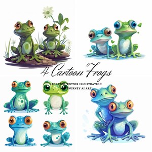 Peut inclure: Un ensemble de huit grenouilles de dessin animé dans différentes poses. Les grenouilles sont vertes, bleues et jaunes avec de grands yeux et de larges sourires. Les grenouilles sont isolées sur un fond blanc.
