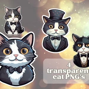 Clipart TRANSPARENT PNG Set of 4 Cute Tuxedo Cat Prints | High Quality | Commercial and Private Use | Digital Download | AI Prints