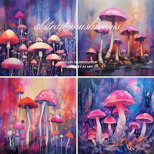 May include: Abstract illustration of colorful mushrooms in a forest setting. The mushrooms are painted in shades of pink, purple, and blue, with a vibrant, almost psychedelic feel. The background is a blur of colors, creating a dreamy atmosphere.