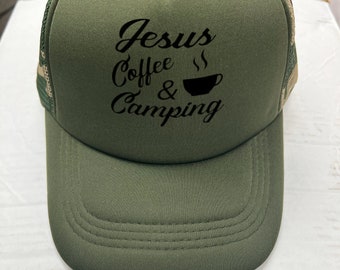 Jesus Coffee and Camping Camo Trucker Hat